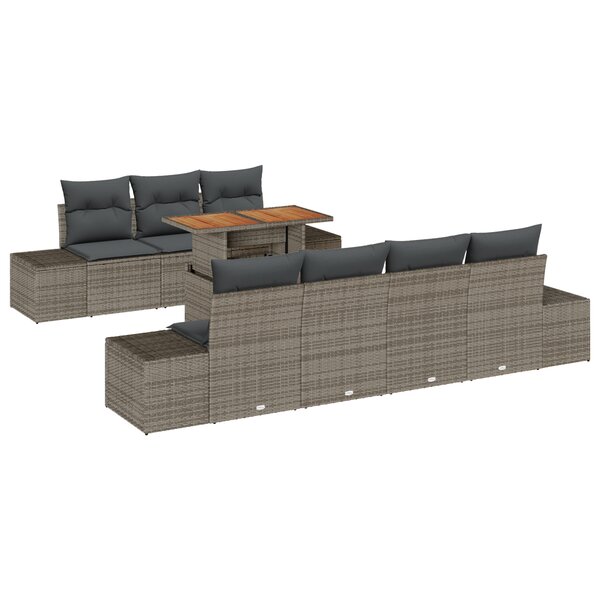 vidaXL Ensemble de salle à manger de jardin 8 pièces avec coussins Gris Poly Rattan Acacia