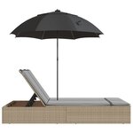 vidaXL Chaise longue double avec coussins et parasol beige poly rotin