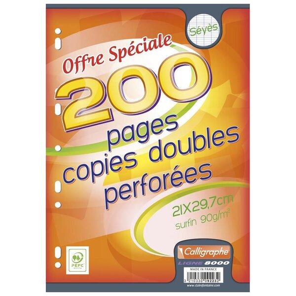 Copies Doubles 21x29,7 cm 200 pages Perforées Seyès 90g CALLIGRAPHE