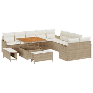 vidaXL Canapé de jardin 13 pièces avec coussins Beige Poly Rattan Acacia