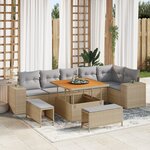 Ensemble de Canapé de Jardin 9 pièces avec Coussins Beige Poly Rattan Acacia