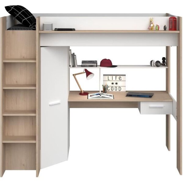 Lit combiné mezzanine enfant chêne et blanc  sommier inclus 90 x 200 cm