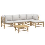 Salon de jardin meuble d'extérieur ensemble de mobilier 6 pièces avec coussins gris clair bambou 02_0016772