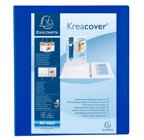 Classeur personnalisable Kreacover A4 Maxi 4 Ax Diam 40mm Dos 60 mm Bleu EXACOMPTA