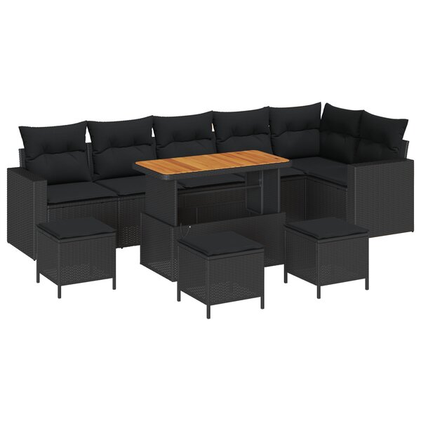 Ensemble de canapés de jardin 10 pièces avec coussins Noir Poly Rotin Acajou