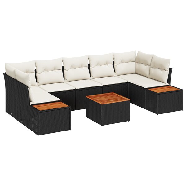 Canapé de jardin 8 pièces avec coussins en poly rotin noir acacia