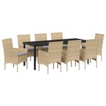 Ensemble de salle à manger de jardin 9 pièces avec coussins en polybeige