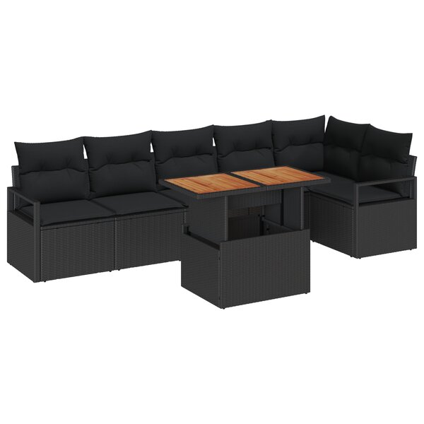 Ensemble de canapés de jardin 7 pièces avec coussins noir en poly rattan