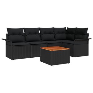 Ensemble de Canapés de Jardin 6 pièces avec Coussins Rattan Poly Noir Acacia