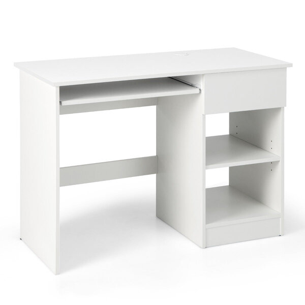 Bureau droit 108 x 48 x 75 cm plateau clavier coulissant 1 grand tiroir 1 étagère réglable et amovible blanc 20_0005667