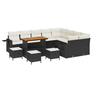 Ensemble de Canapé de Jardin 13 Pièces Avec Coussins Noir Poly Rattan Acacia