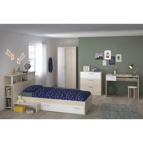 PARISOT Chambre enfant complete - Tete de lit + lit + commode + armoire + bureau - contemporain - Décor acacia clair et blanc - CHAR