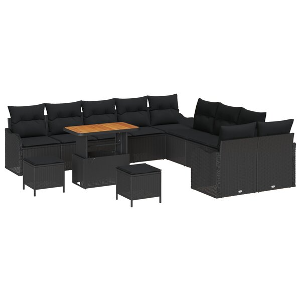 Ensemble de canapé de jardin 13 pièces avec coussins noir poly rotin acacia