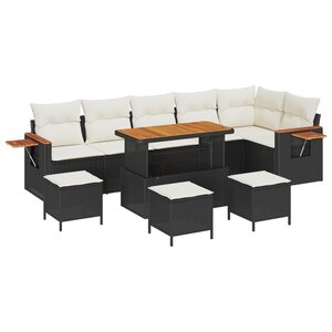 Canapé de jardin 10 pièces avec coussins Noir Poly Rattan Acacia