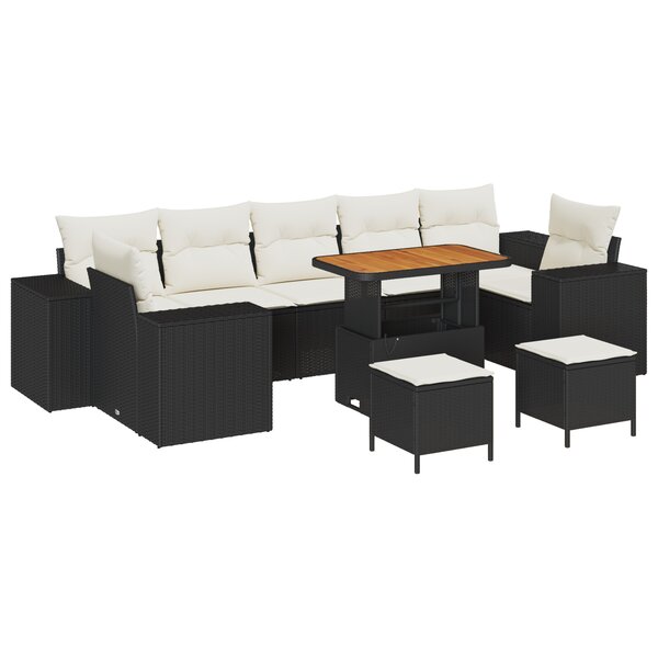 Ensemble de Canapés de Jardin de 10 Pièces avec Coussins en Rotin Poly Noir Acacia