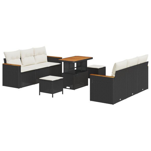 Ensemble 9 pièces de canapés de jardin noir en poly rotin et acacia