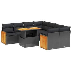 vidaXL Salon de jardin 9 Pièces avec coussins noir résine tressée