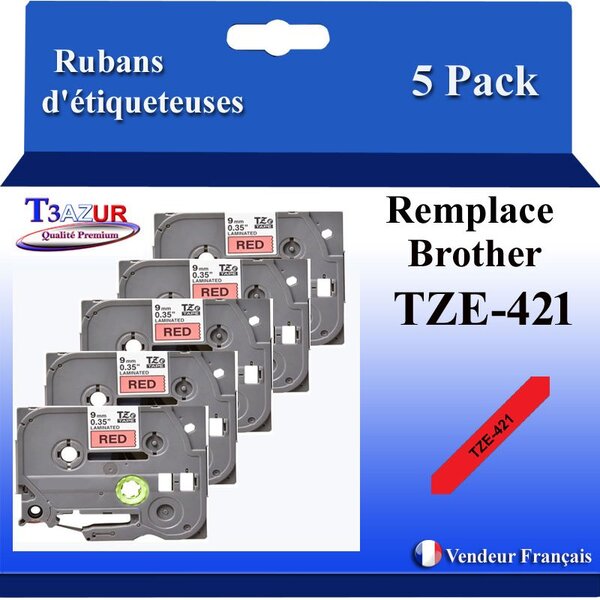 5x  Rubans d'étiqueteuses compatibles avec Brother Tze421  Tze-421 pour étiqueteuses P-touch - Texte noir sur fond rouge - Largeur 9 mm x 8 mètres - T3AZUR