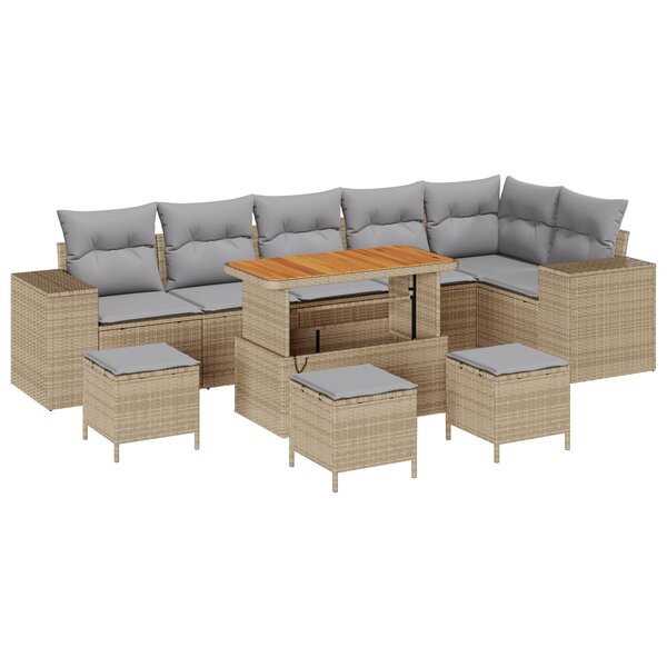 Ensemble de Canapé de Jardin de 10 pièces avec Coussins Beige Poly Rattan Acacia