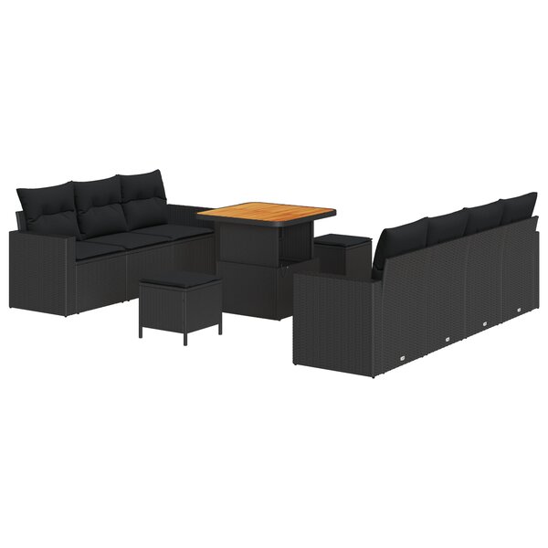 Ensemble de Canapés de Jardin 10 Pièces avec Coussins Noir Poly Rattan Acacia