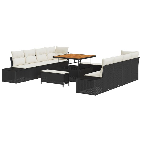 Ensemble de canapé de jardin 11 pièces avec coussins noir poly rotin acacia
