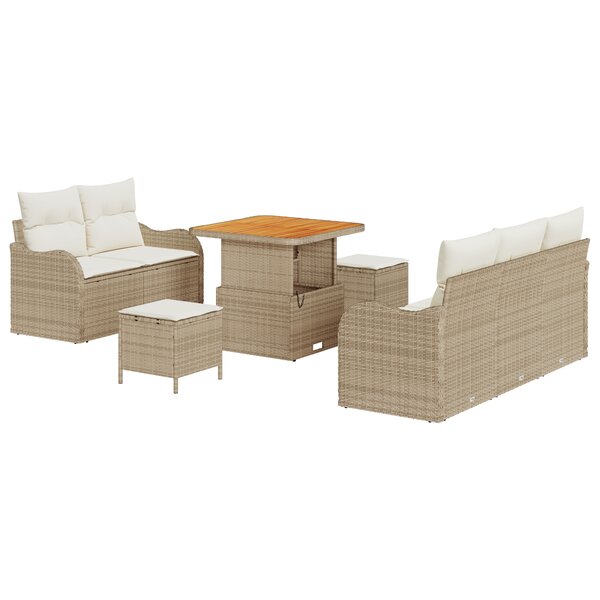 Set de Canapé de Jardin 8 Pièces avec Coussins Beige Poly Rattan Acacia