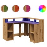 Bureau table poste de travail meuble d'ordinateur informatique étude avec lumières LED chêne artisanal bois d'ingénierie brun 02_0023419