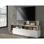 Meuble TV 1 porte - Finition Blanc Laqué et Effet Bois Vintage - 184 x 42 x Hauteur 56 cm