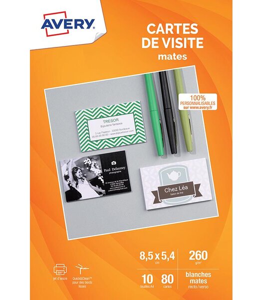 80 cartes de visite blanches à bords lisses. 85x54mm. Impression jet d'encre avery