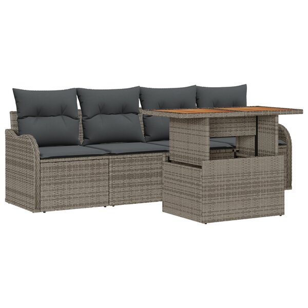 vidaXL Ensemble de Canapés de Jardin de 5 Pièces avec Coussins Gris Rattan Poly Acacia