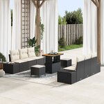 Ensemble de canapé de jardin 9 pièces avec coussins poly rattan noir acacia