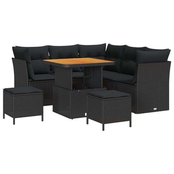Ensemble de Canapé de Jardin 8 Pièces avec Coussins Noir Rotin Poly Acacia
