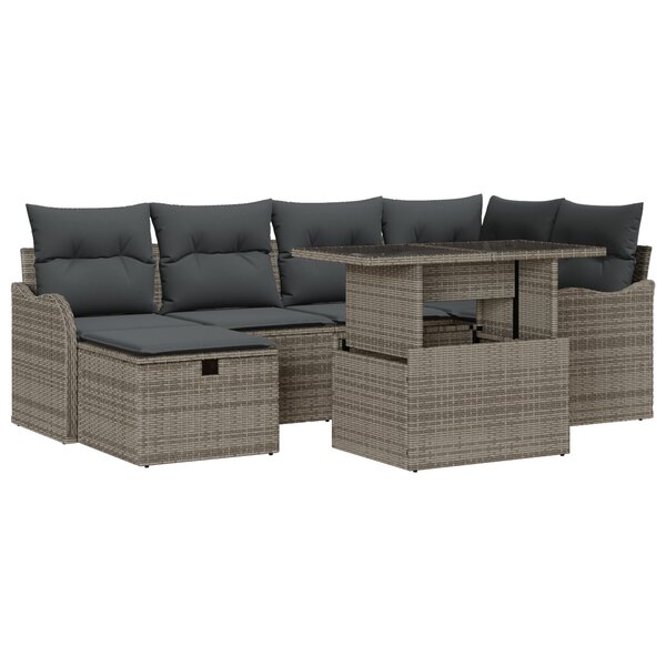 Ensemble de Canapé de Jardin de 7 Pièces avec Coussins Gris en Rattan Poly