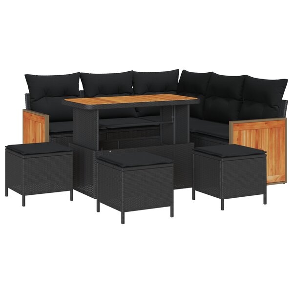Ensemble de sofa de jardin 9 pièces avec coussins Noir Poly Rattan Acacia