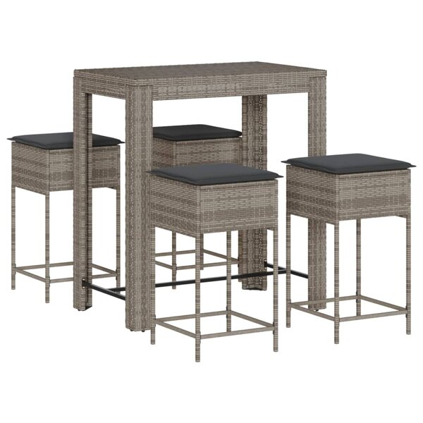 vidaXL Ensemble de bar de jardin 5 Pièces avec coussins gris poly rotin