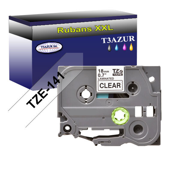 Ruban d'étiquettes laminées générique Brother Tze-141 pour étiqueteuses P-touch - Texte noir sur fond transparent - Largeur 18 mm x 8 mètres