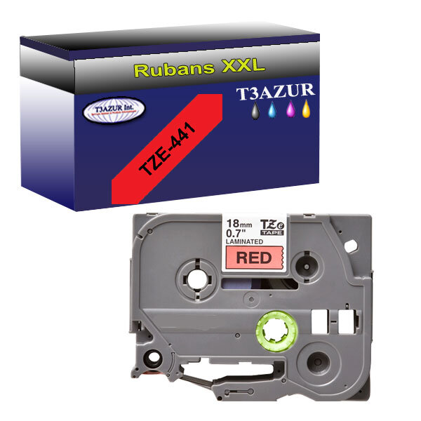 Ruban d'étiquettes laminées générique Brother Tze-441 pour étiqueteuses P-touch - Texte noir sur fond rouge - T3AZUR
