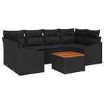 vidaXL Canapé de jardin 7 pièces avec coussins en poly rattan noir d'acacia