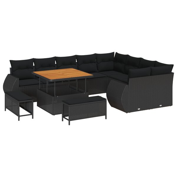Set de canapé de jardin 12 pièces avec coussins Noir Rotin Poly Acacia