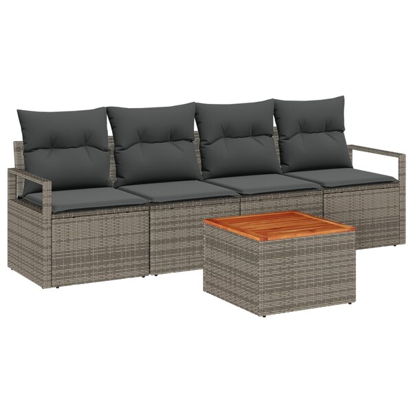 Set de Canapés de Jardin 5 Pièces avec Coussins Gris Poly Rotin Acacia