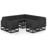 Salon de jardin meuble d'extérieur ensemble de mobilier 12 pièces avec coussins noir bois de pin massif 02_0015629