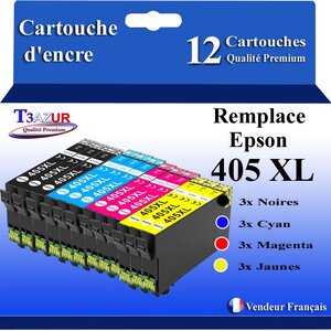T3AZUR - 12x Cartouches compatibles avec Epson WorkForce Pro WF-4825DWF (3Noires + 3Cyan + 3 Magenta + 3 Jaunes)