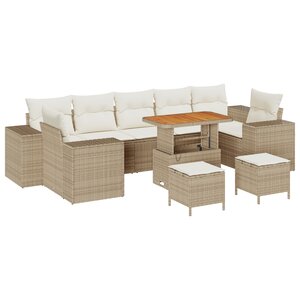 Ensemble de canapé de jardin 10 pièces avec coussins beige en poly rotin acacia