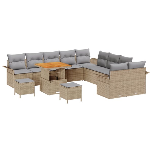 vidaXL Ensemble de Canapés de Jardin de 13 Pièces avec Coussins Beige Poly Rattan Acacia