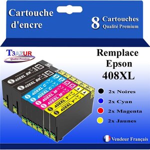 T3AZUR - 8x Cartouches compatibles avec Epson WorkForce Pro WF-C4810DTWF  408  408L  408XL