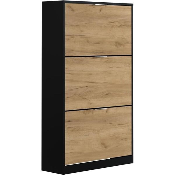 Meuble à chaussure 3 portes décor chêne et noir 75 x 25 x 128 cm