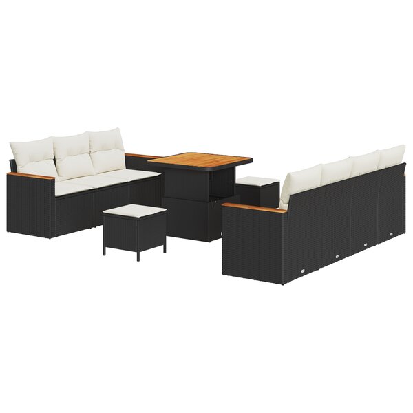 Ensemble de canapé de jardin de 10 pièces avec coussins noir poly rotin acacia
