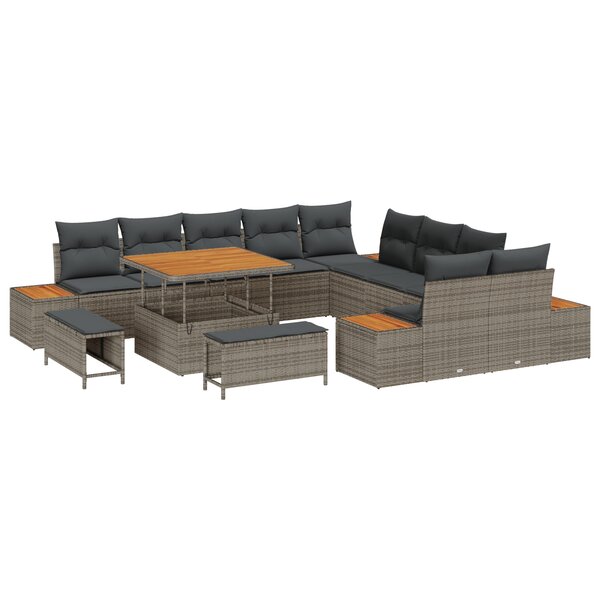 Set de Sofa de Jardin de 13 Pièces avec Coussins Gris Rattan Poly Acacia