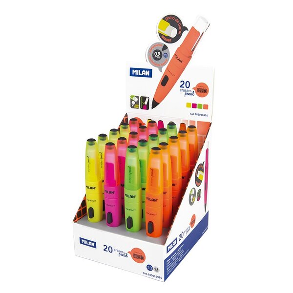 Milan Capsule Fluo Présentoir de 20 Portemines avec Caoutchouc - Mine 0 9 mm Graphite 2B - Bouton Poussoir Mécanique - Caoutchouc Milan Extra Large - Couleurs Assorties