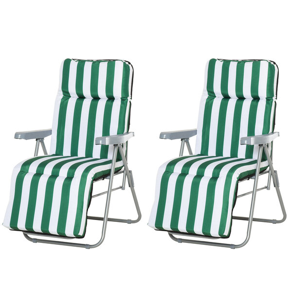 Lot de 2 chaise longue bain de soleil adjustable pliable transat lit de jardin en acier vert + blanc